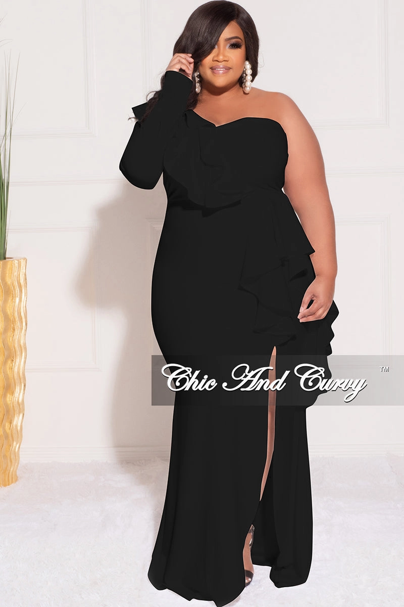 Final Sale Plus Size One Sided Ruffle Gown with Front Slit in Black Sport Ready Fit