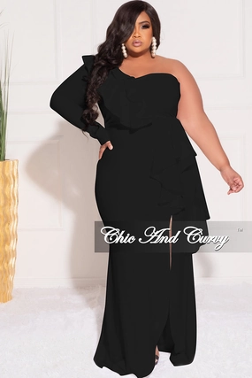 Final Sale Plus Size One Sided Ruffle Gown with Front Slit in Black Simple Comfort Wear Versatile Comfort