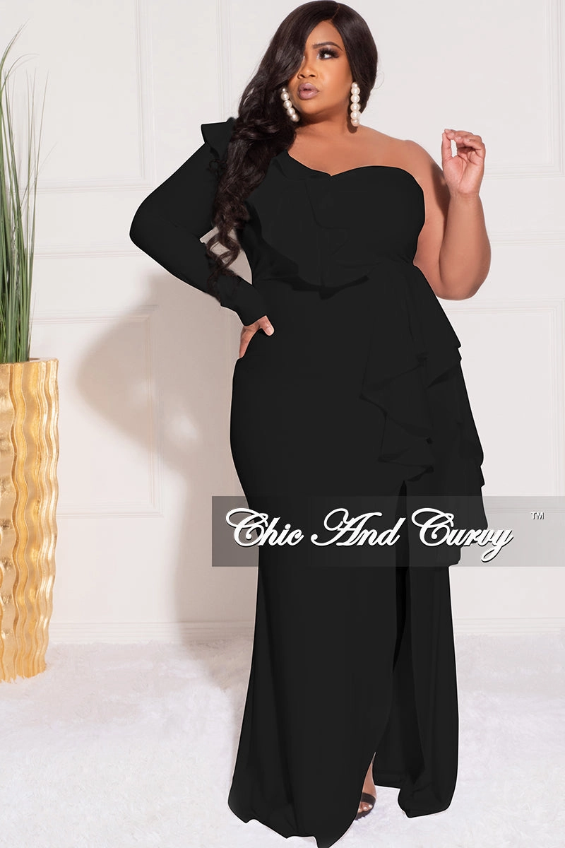 Final Sale Plus Size One Sided Ruffle Gown with Front Slit in Black Stay Comfortable Chill Style