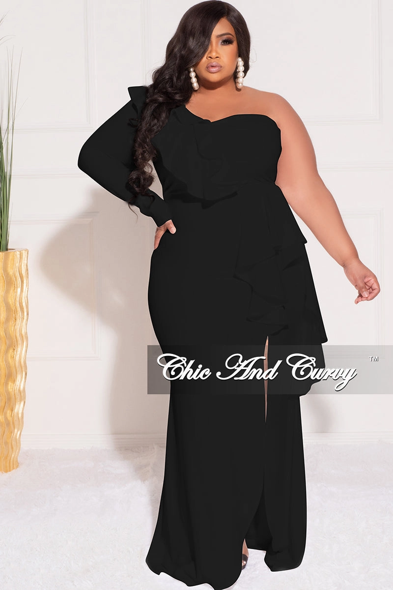 Final Sale Plus Size One Sided Ruffle Gown with Front Slit in Black Simple Comfort Wear Versatile Comfort