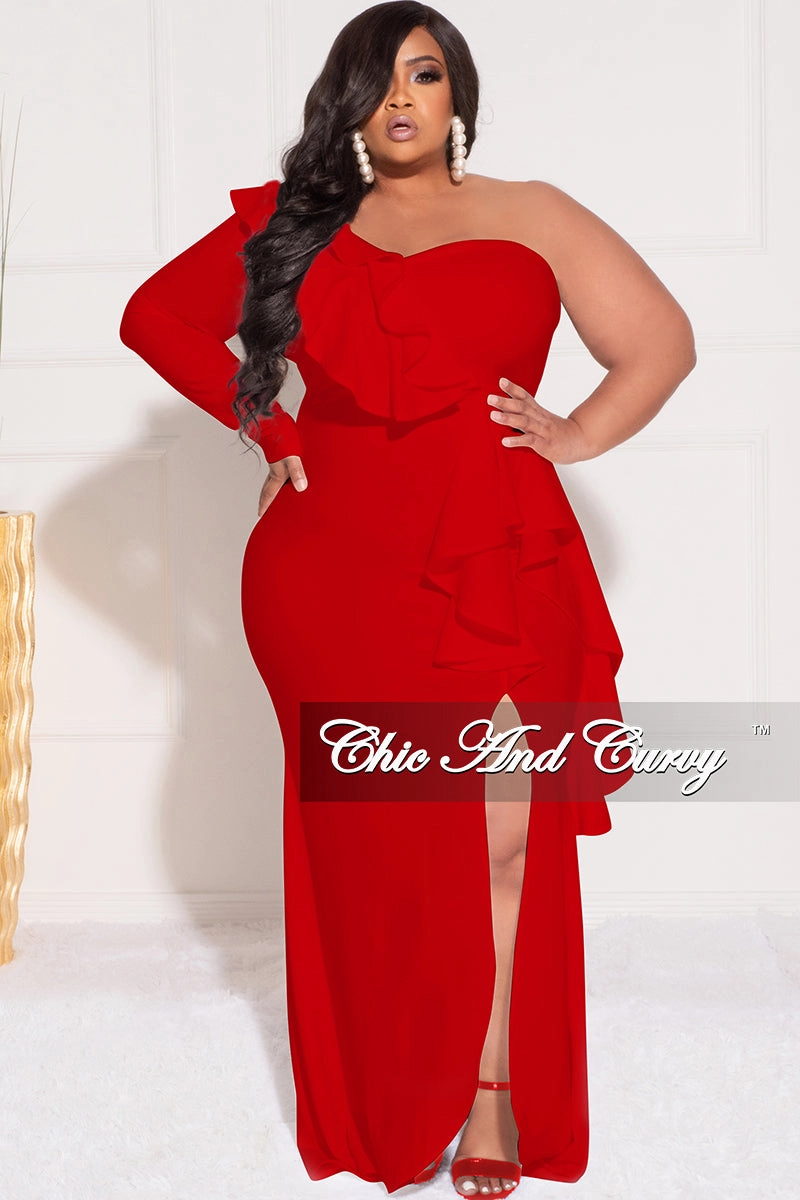 Perfectly Fit Final Sale Plus Size One Sided Ruffle Gown with Front Slit in Red