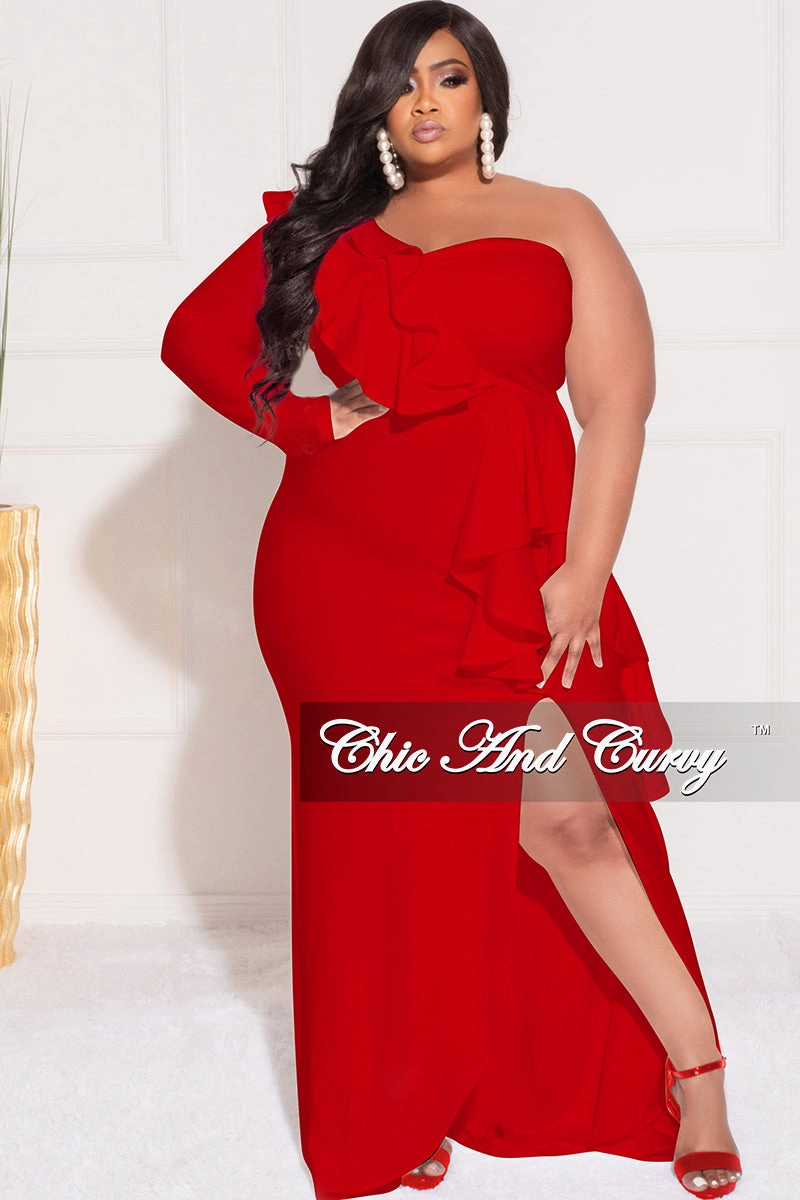 Final Sale Plus Size One Sided Ruffle Gown with Front Slit in Red Durable Activewear