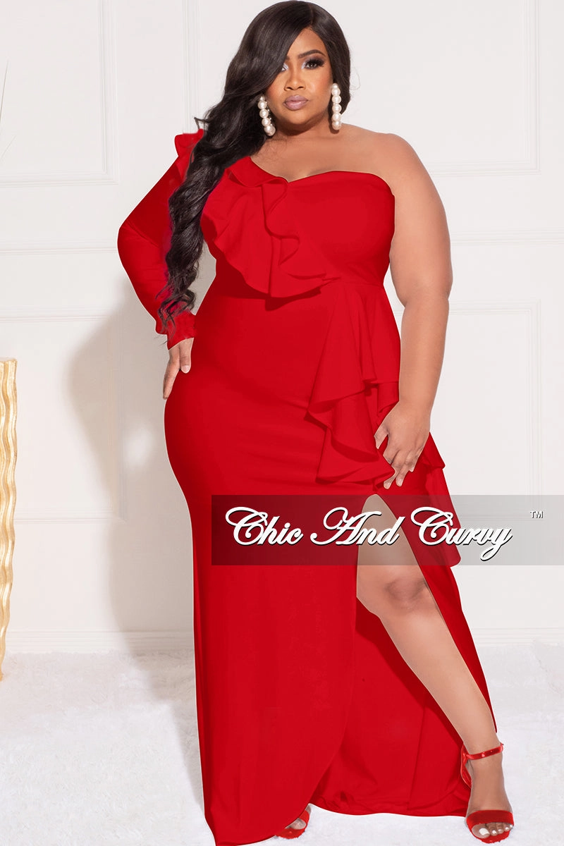 Final Sale Plus Size One Sided Ruffle Gown with Front Slit in Red Stretch Flex