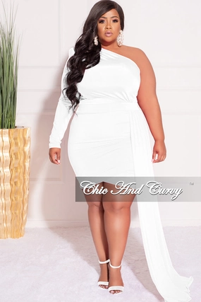 Final Sale Plus Size One Sleeve Long Sash Dress in White All Season Wear