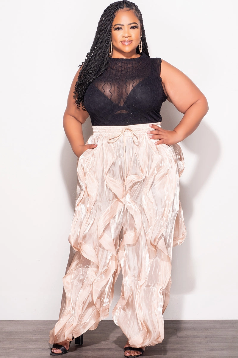 Final Sale Plus Size Organza Wide Leg Pants in Tan Fashionable Look Sport Friendly