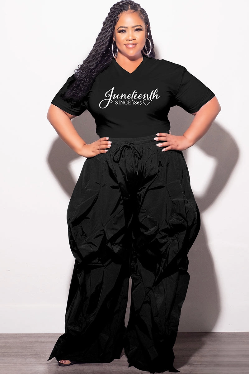 Final Sale Plus Size Oversized Unisex V-Neck Black T-Shirt Juneteenth since 1865 High-waisted fit