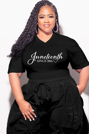 Soft and Stretchy Wide fit Final Sale Plus Size Oversized Unisex V-Neck Black T-Shirt Juneteenth since 1865