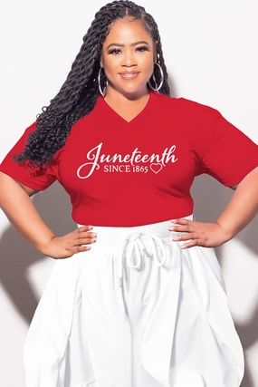 Final Sale Plus Size Oversized Unisex V-Neck Red T-Shirt Juneteenth since 1865 Sporty Layers
