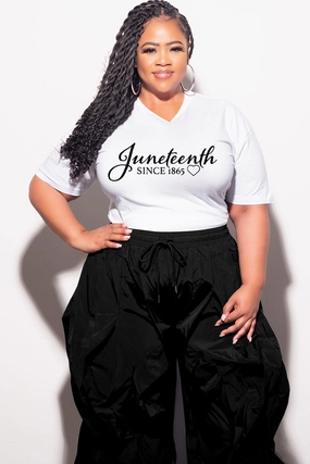 SnagFreeFabric Final Sale Plus Size Oversized Unisex V-Neck White T-Shirt Juneteenth since 1865