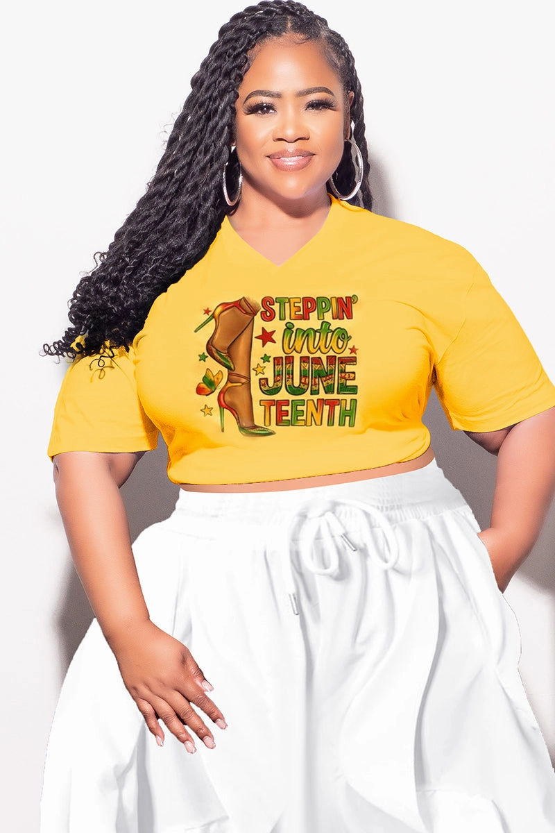 Final Sale Plus Size Oversized Unisex V-Neck Yellow Squash T-Shirt Steppin Into Juneteenth NonIrritatingStitching