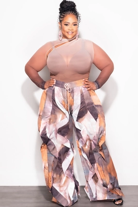 Thermal Regulating Fabric Final Sale Plus Size Oversized Windbreaker Ruffle Trim Wide Leg Pants Rust and Mauve Multi Color