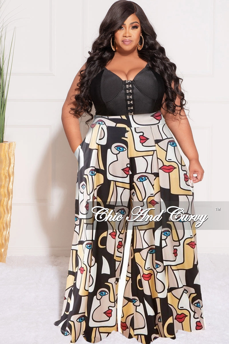 Final Sale Plus Size Palazzo Pants in Black Art Illustration Print Cozy Lining