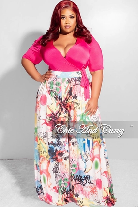 Curved Waistline UVProtection Final Sale Plus Size Palazzo Pants in Multi Color Design Print