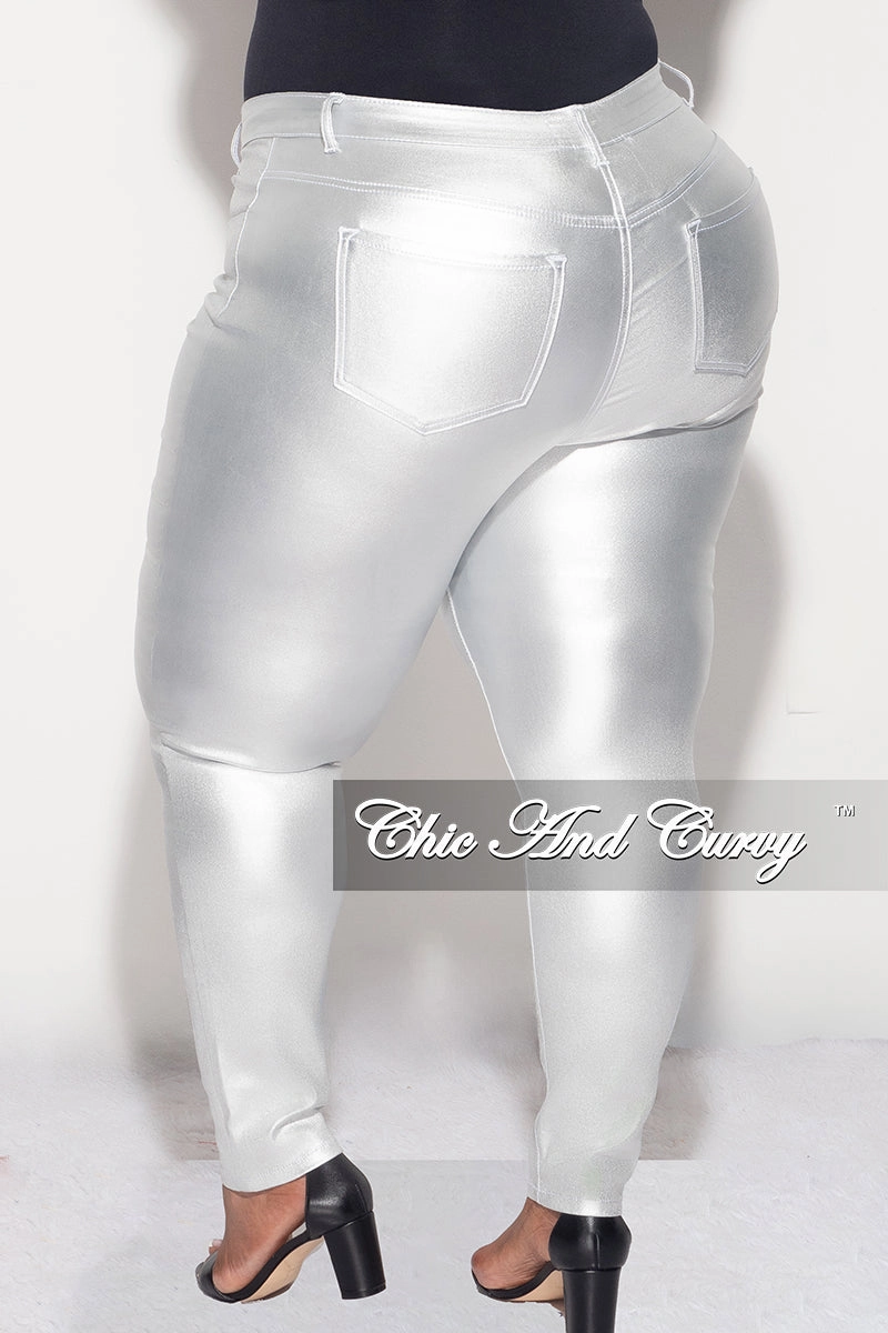Final Sale Plus Size Pants in Metallic Silver Sporty Design Cozy Lining