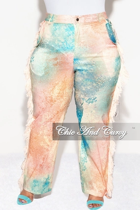 Final Sale Plus Size Pants with Fringe High Waist in Abstract Greens & Peach High Density Weave Comfy All-Day