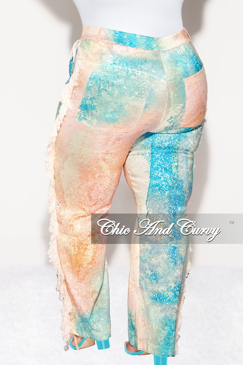 Final Sale Plus Size Pants with Fringe High Waist in Abstract Greens & Peach Cozy and Soft