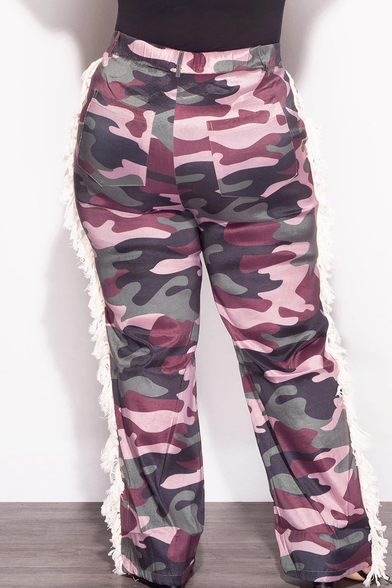 Final Sale Plus Size Pants with Fringe High Waist in Camo Easy Fit Design