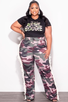 Final Sale Plus Size Pants with Fringe High Waist in Camo Comfy Flex Flexible Knee Articulation