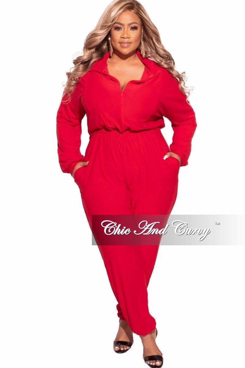 Final Sale Plus Size Parachute Jumpsuit in Red Odor Control Fabric