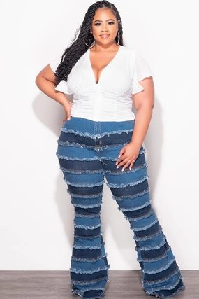 Final Sale Plus Size Patchwork Frayed Flare Jeans in Denim Flattering Design Wear Active Layer