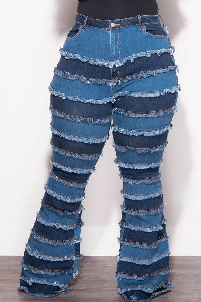 LightweightDesign Final Sale Plus Size Patchwork Frayed Flare Jeans in Denim