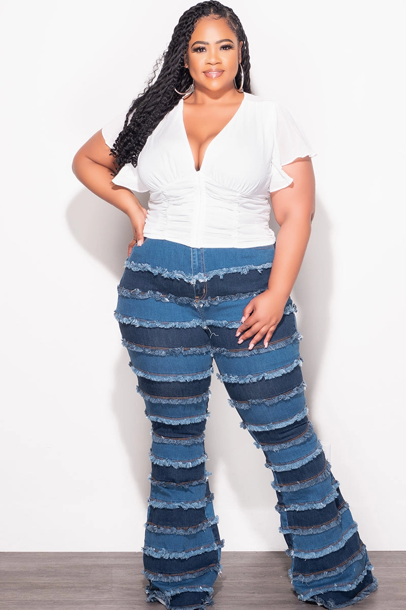 Final Sale Plus Size Patchwork Frayed Flare Jeans in Denim Flattering Design Wear Active Layer