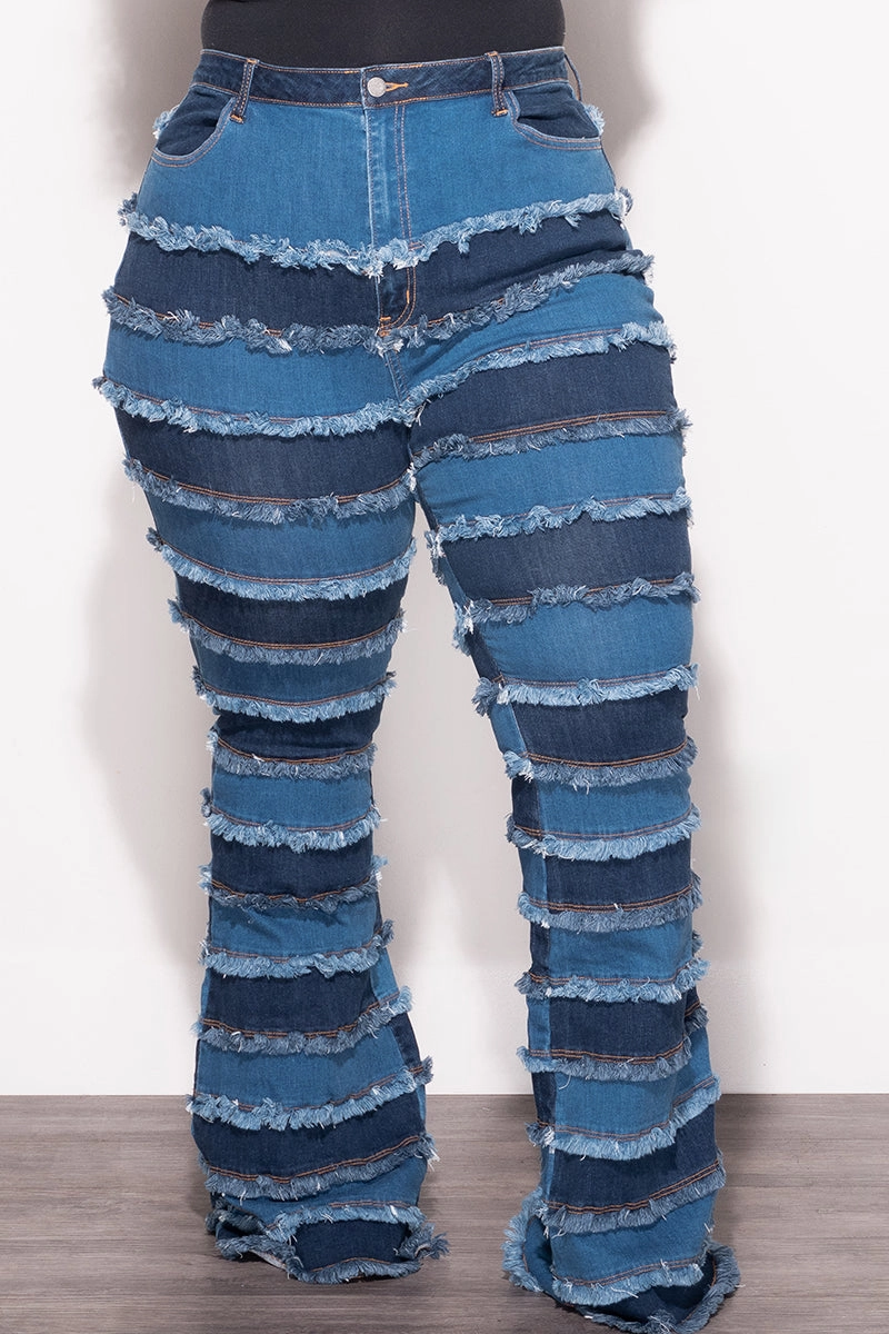Final Sale Plus Size Patchwork Frayed Flare Jeans in Denim Ultimate Comfort