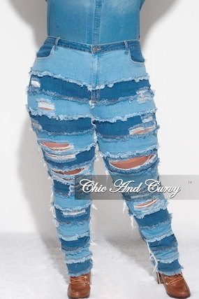Final Sale Plus Size Patchwork Frayed Flare Jeans in Light Denim Relaxed Style