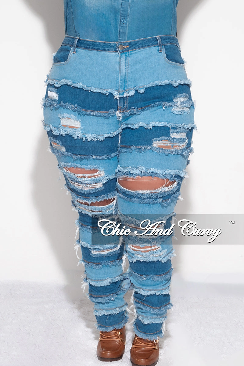 LightweightWeave Final Sale Plus Size Patchwork Frayed Flare Jeans in Light Denim