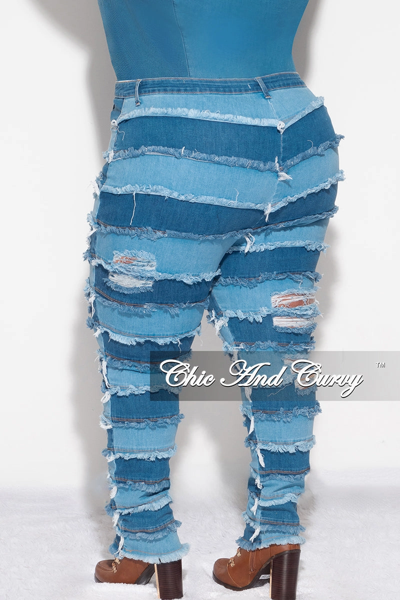 Final Sale Plus Size Patchwork Frayed Flare Jeans in Light Denim Laser Cut Perforations