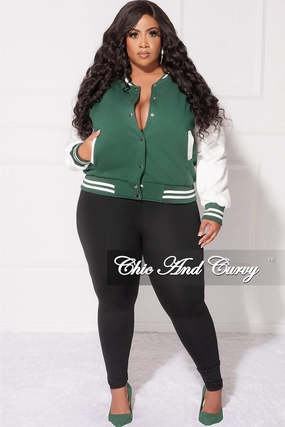 Final Sale Plus Size Plain Varsity Jacket in Green and White Neutral Look Body Fit