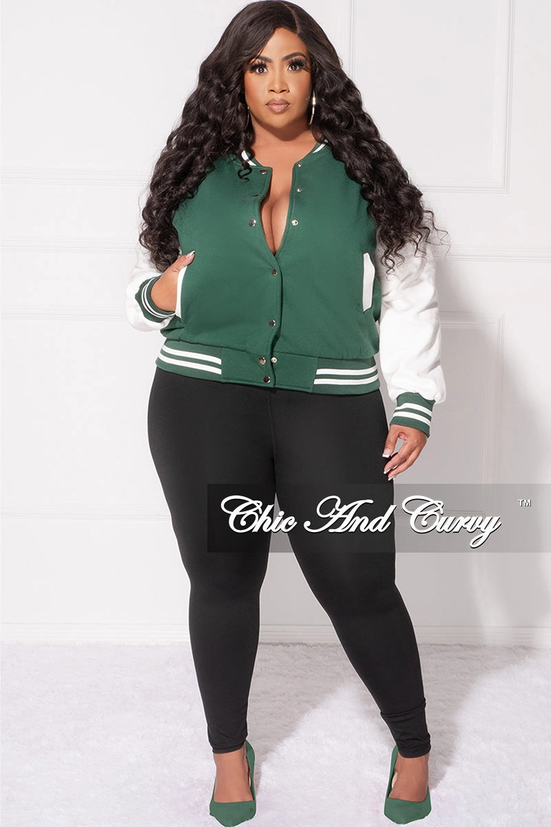 Final Sale Plus Size Plain Varsity Jacket in Green and White Neutral Look Body Fit