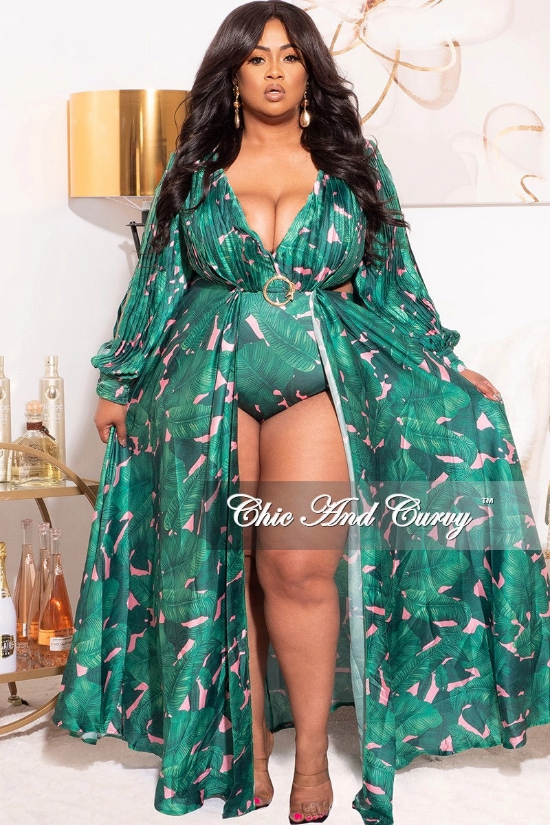 Clean Fit Machine washable Final Sale Plus Size Playsuit with Open Back & Train in Green/Pink Palm Print