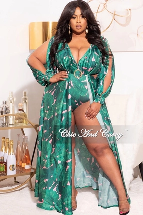 Perfect Fit Wear DoubleLayeredKnees Final Sale Plus Size Playsuit with Open Back & Train in Green/Pink Palm Print