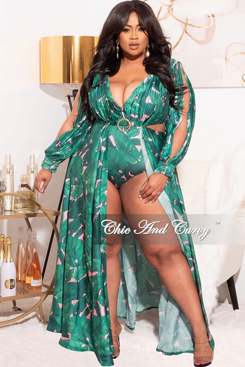 Cozy and Relaxed Final Sale Plus Size Playsuit with Open Back & Train in Green/Pink Palm Print
