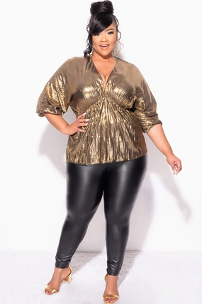 Final Sale Plus Size Pleated Peplum Top in Metallic Gold Quick Drying