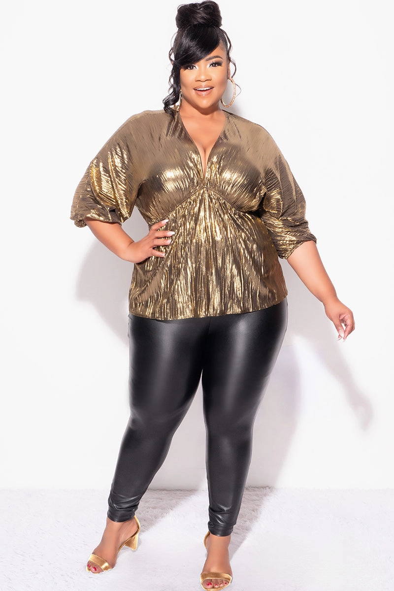 Quick Pack SnagFreeFabric Final Sale Plus Size Pleated Peplum Top in Metallic Gold