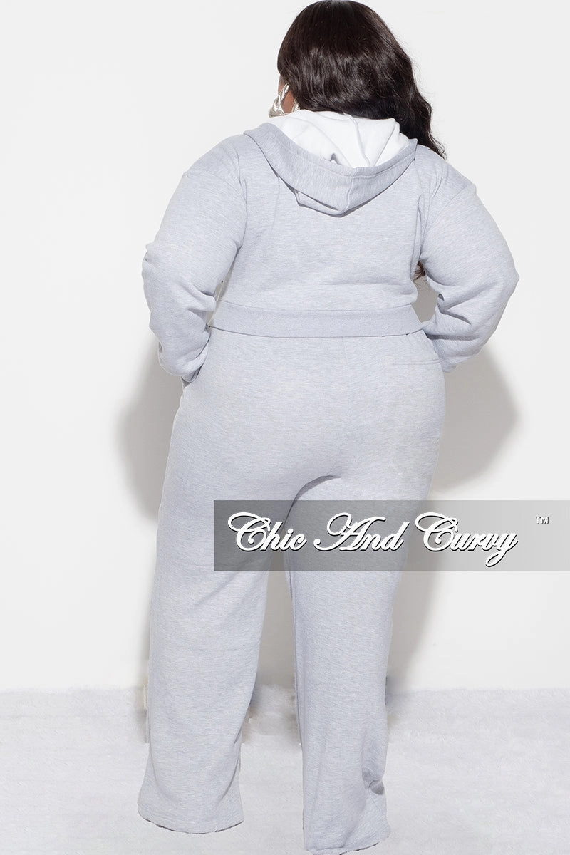 Final Sale Plus Size Plush 2pc Zip-Up Hooded Top and Wide Leg Pleated Lower Leg Sweatpants in Grey Outdoor Friendly
