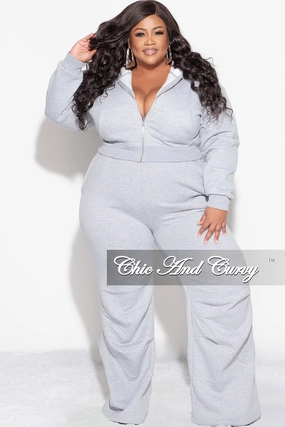 Final Sale Plus Size Plush 2pc Zip-Up Hooded Top and Wide Leg Pleated Lower Leg Sweatpants in Grey Form Fit Comfort