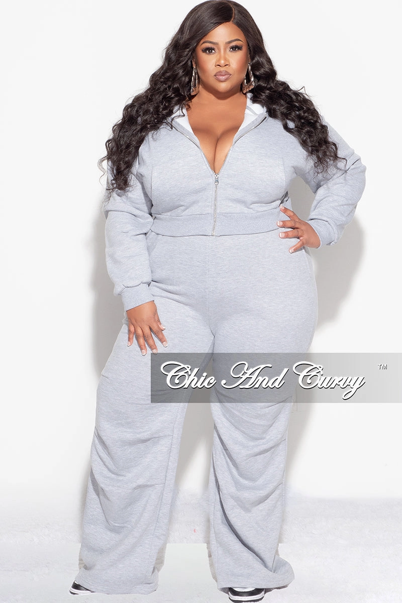 Active Appeal Comfortable Look Wear Final Sale Plus Size Plush 2pc Zip-Up Hooded Top and Wide Leg Pleated Lower Leg Sweatpants in Grey