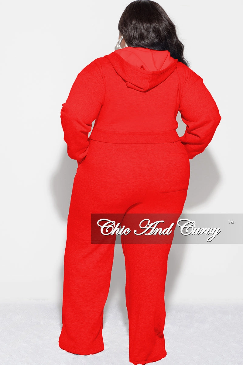 Roomy Shape Casual Comfort Fit Final Sale Plus Size Plush 2pc Zip-Up Hooded Top and Wide Leg Pleated Lower Leg Sweatpants in Red