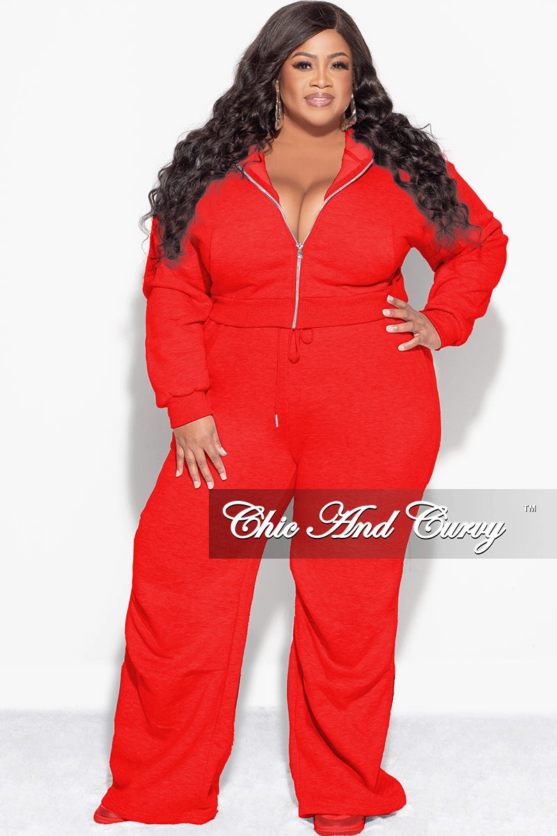 Final Sale Plus Size Plush 2pc Zip-Up Hooded Top and Wide Leg Pleated Lower Leg Sweatpants in Red Smart Comfort Mesh Lined