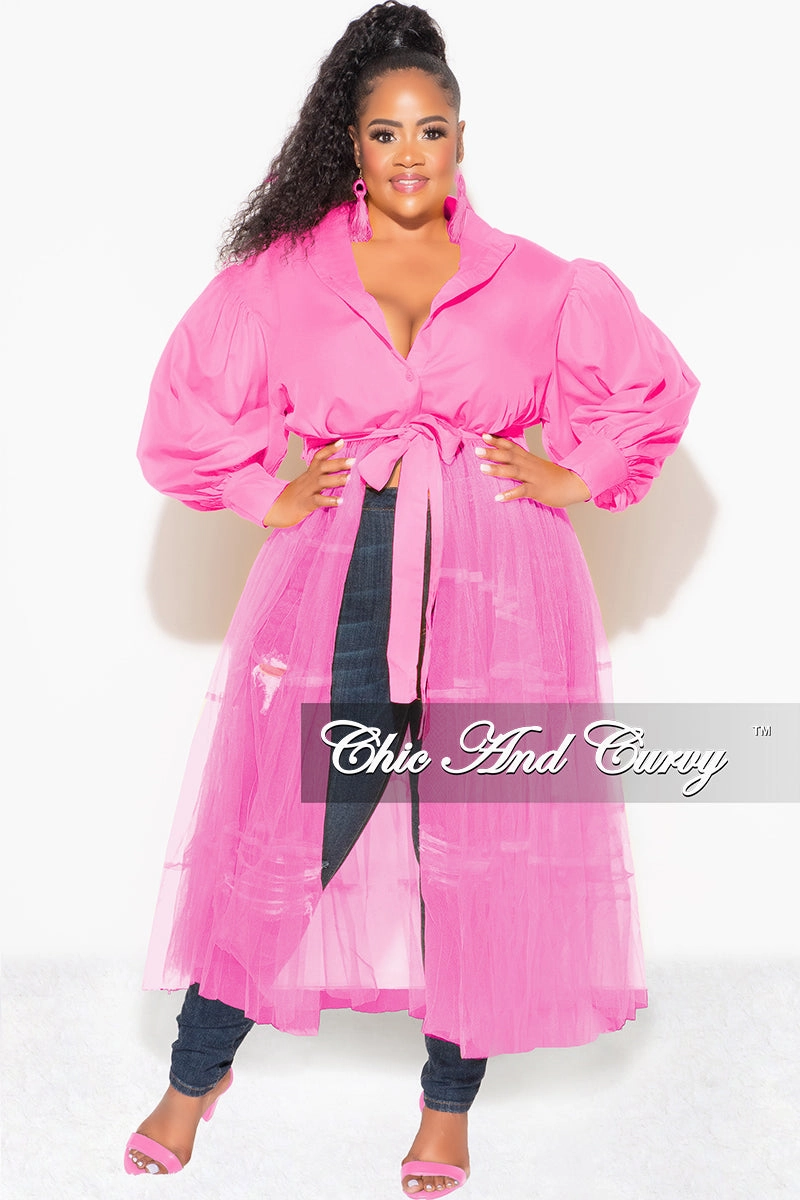 Final Sale Plus Size Puffy Long Sleeve Button Up Top with Mesh Train in Pink Weekend Wear Formal Look