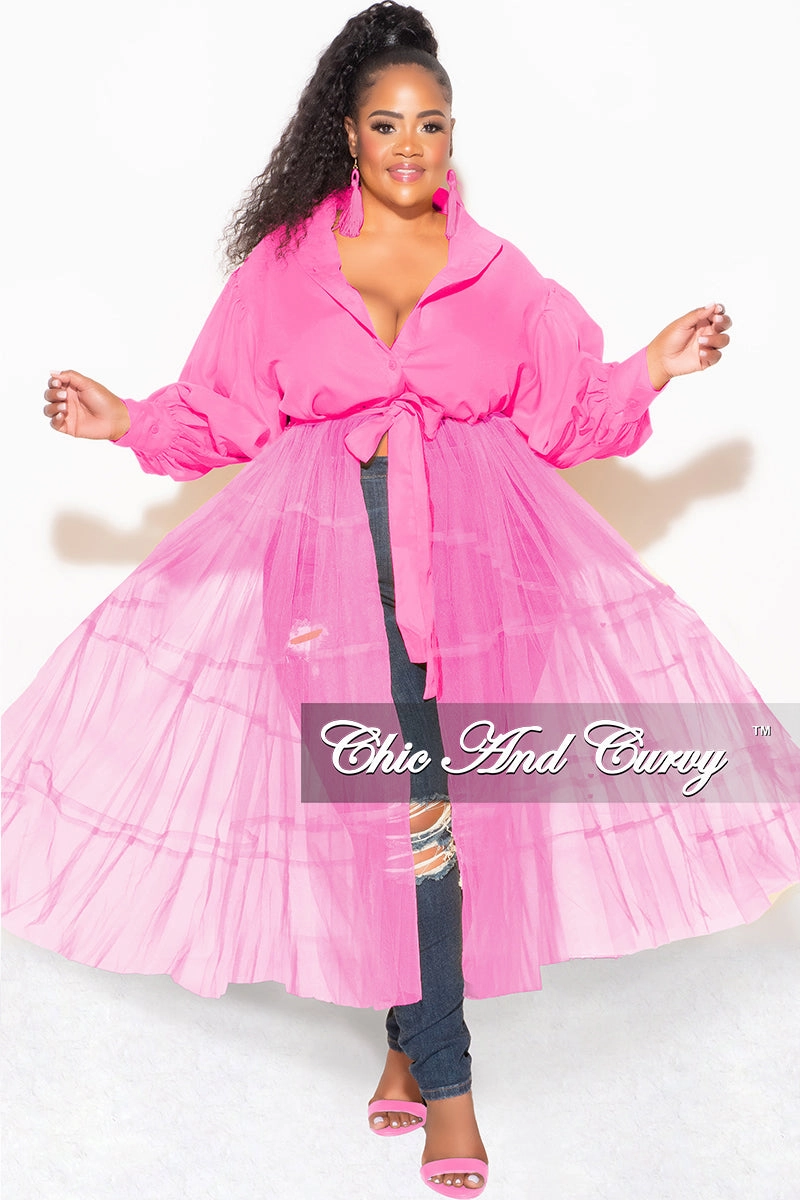 Final Sale Plus Size Puffy Long Sleeve Button Up Top with Mesh Train in Pink StretchWaistband