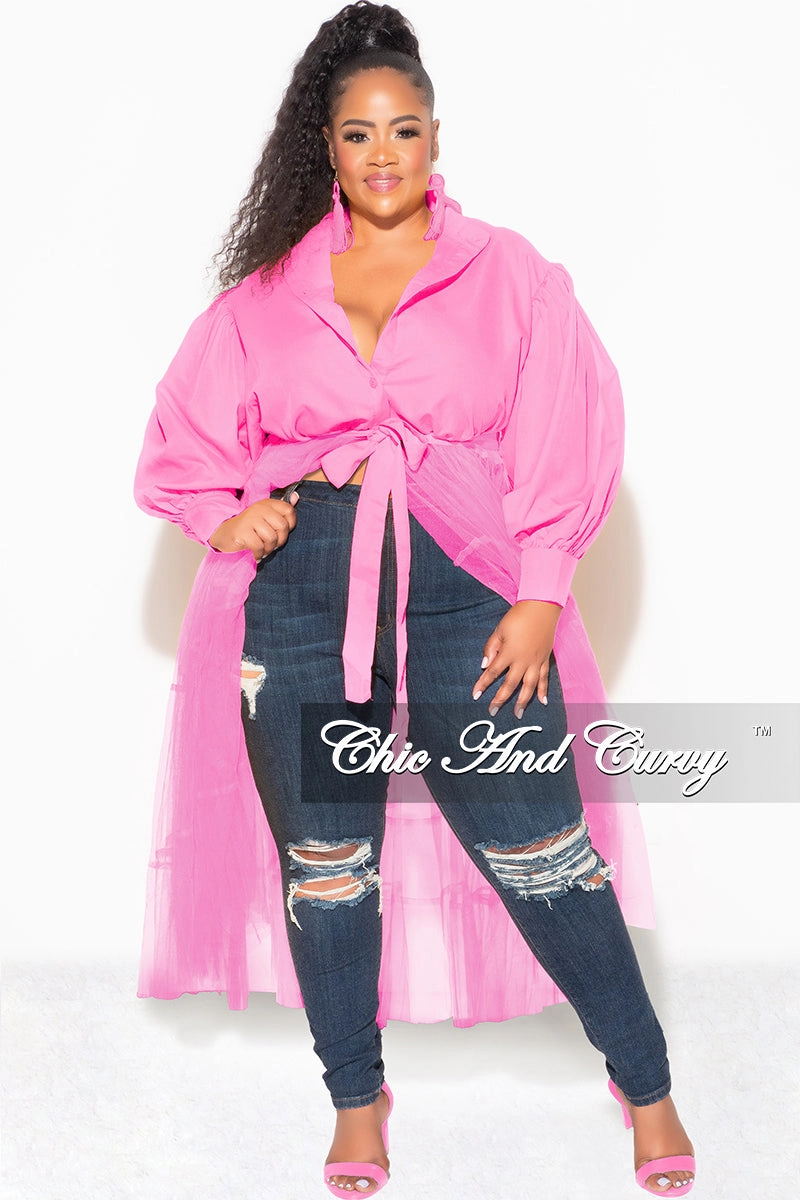 Final Sale Plus Size Puffy Long Sleeve Button Up Top with Mesh Train in Pink Cozy and Relaxed Active Flex