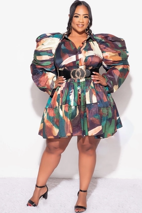 Final Sale Plus Size Puffy Sleeve 3-Tiered Button Up Collar Baby Doll Dress in Green and Brown Multicolor Low Profile Design Training Wear