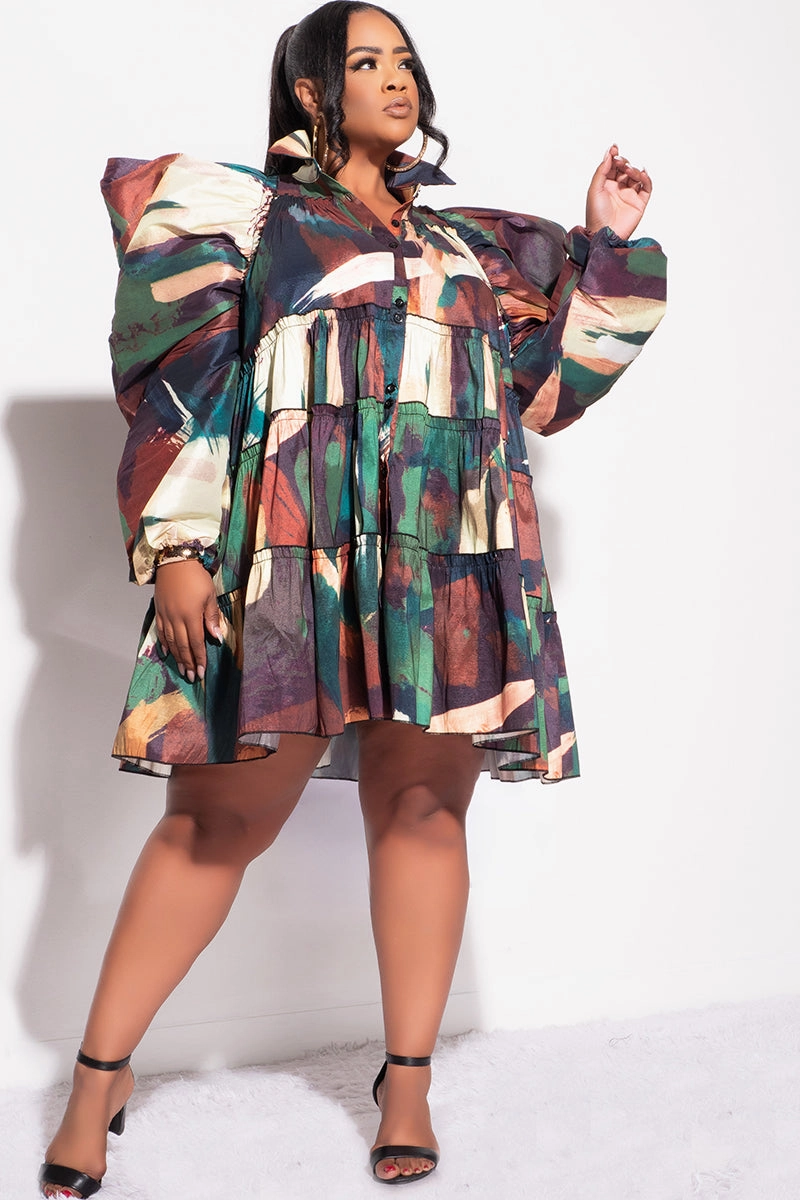 Final Sale Plus Size Puffy Sleeve 3-Tiered Button Up Collar Baby Doll Dress in Green and Brown Multicolor Quick Wear