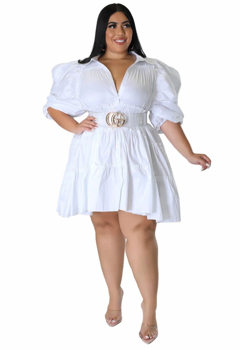 Chafe-Free Fit Quick Layering Final Sale Plus Size Puffy Sleeve 3-Tiered Button Up Collar Baby Doll Dress in White