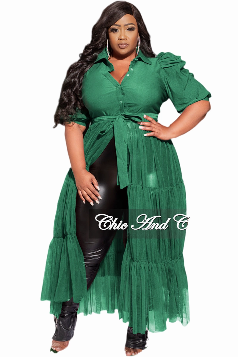 Flex Fit Final Sale Plus Size Puffy Sleeve Button Up Top with Mesh Train in Green