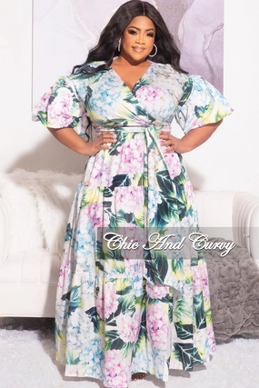 Final Sale Plus Size Puffy Sleeve Front Tie Cut Out Tiered Maxi Dress in Floral Multi Color Print Stretchy Material